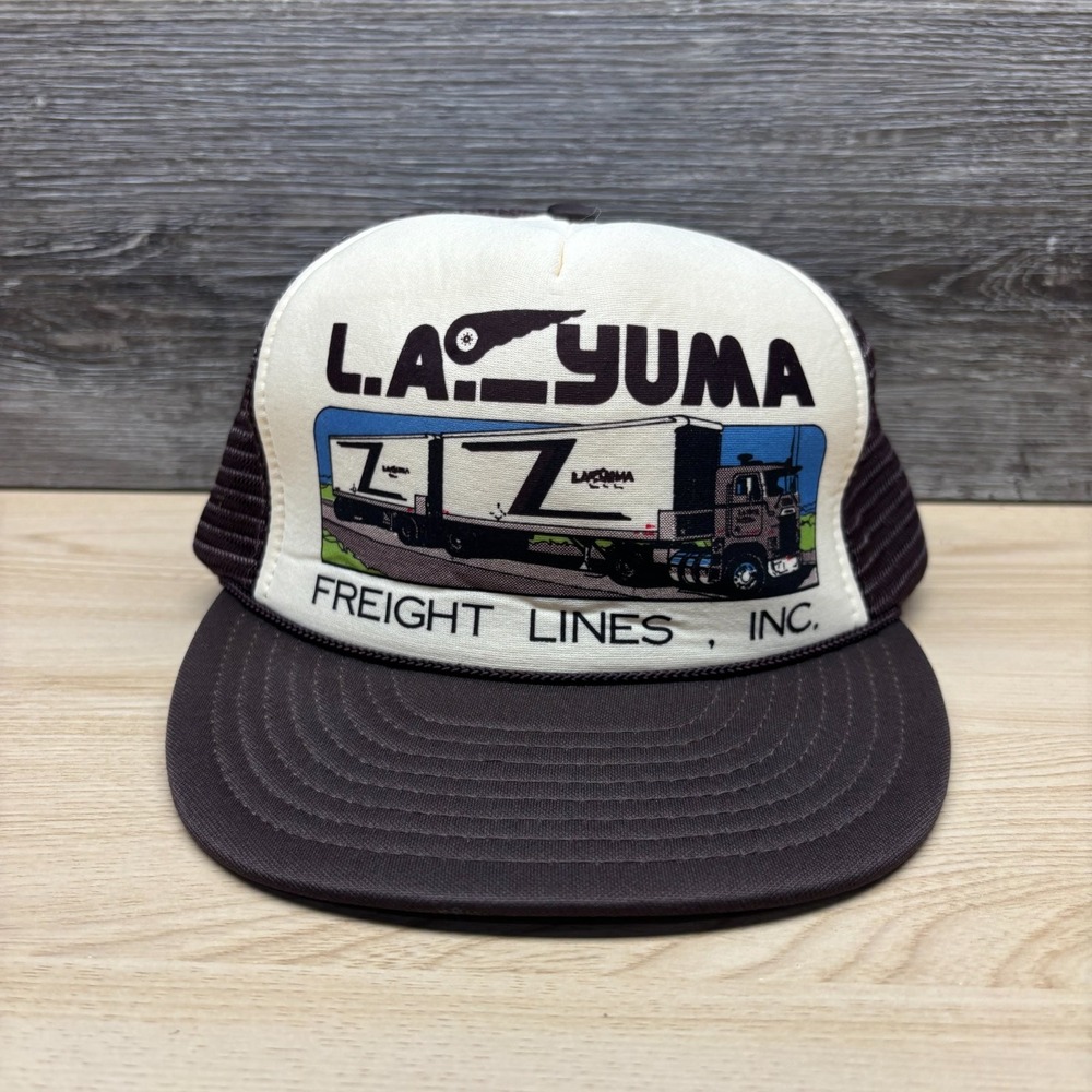 Vintage L.A. Yuma Freight Lines Hat Cap Snap Back Brown White Trucker Mesh Otto